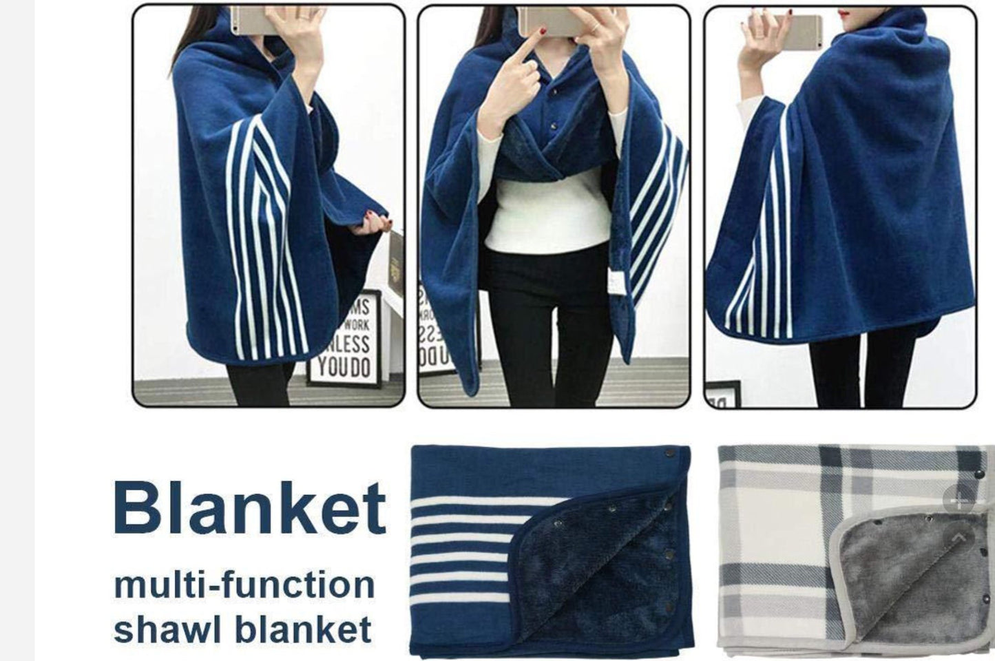 Poncho fleece warm plaid Navy and off white great gift,next day shipping