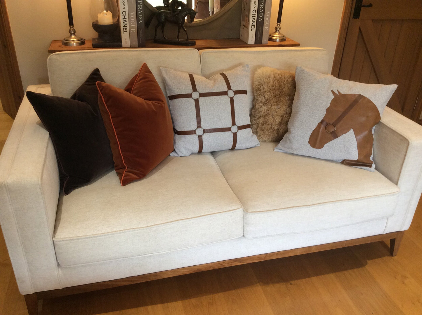 Luxury linen equestrian reins cushion cover 50x50cm PU leather
