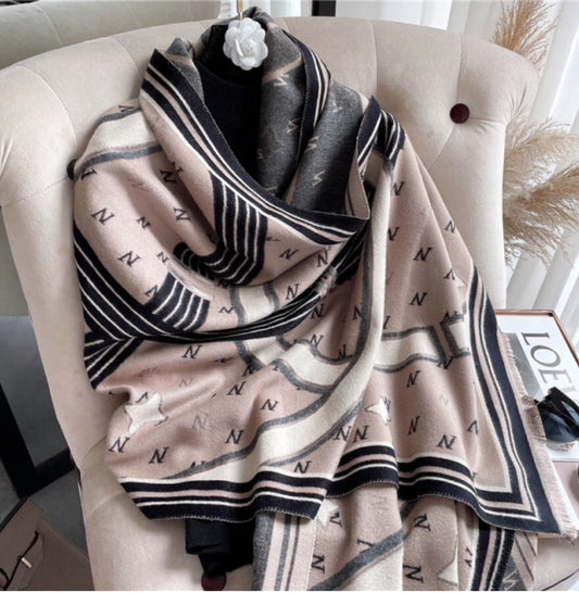 Luxury pashmina wrap shawl taupe/pink and black edge