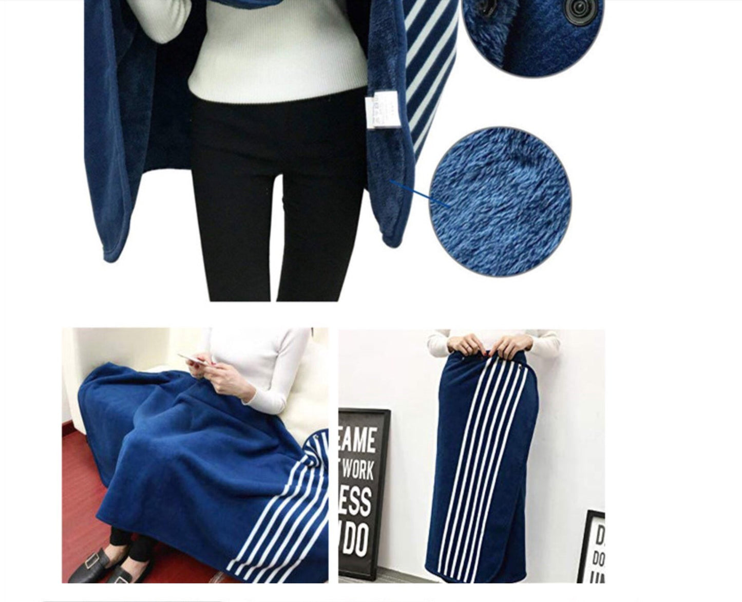 Poncho fleece warm plaid Navy and off white great gift,next day shipping