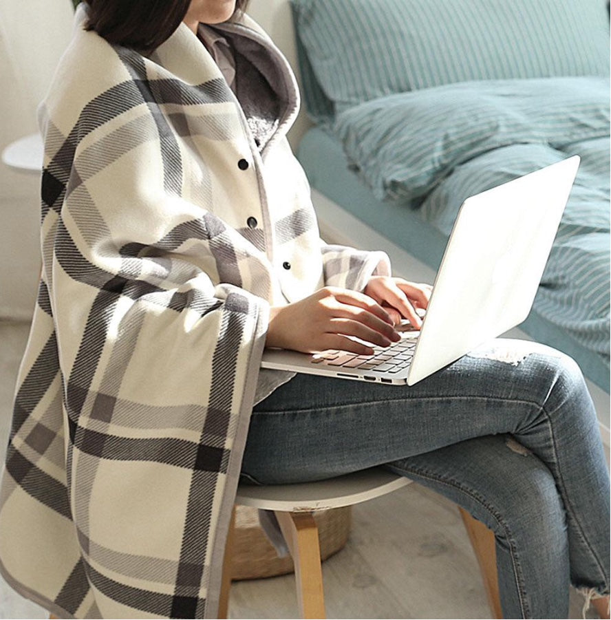 Poncho fleece warm plaid Navy and off white great gift,next day shipping