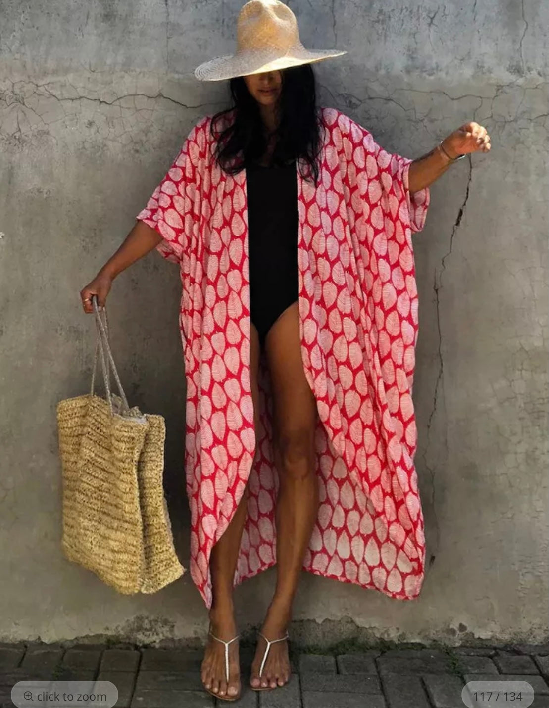 Beach kimono Red leaf print