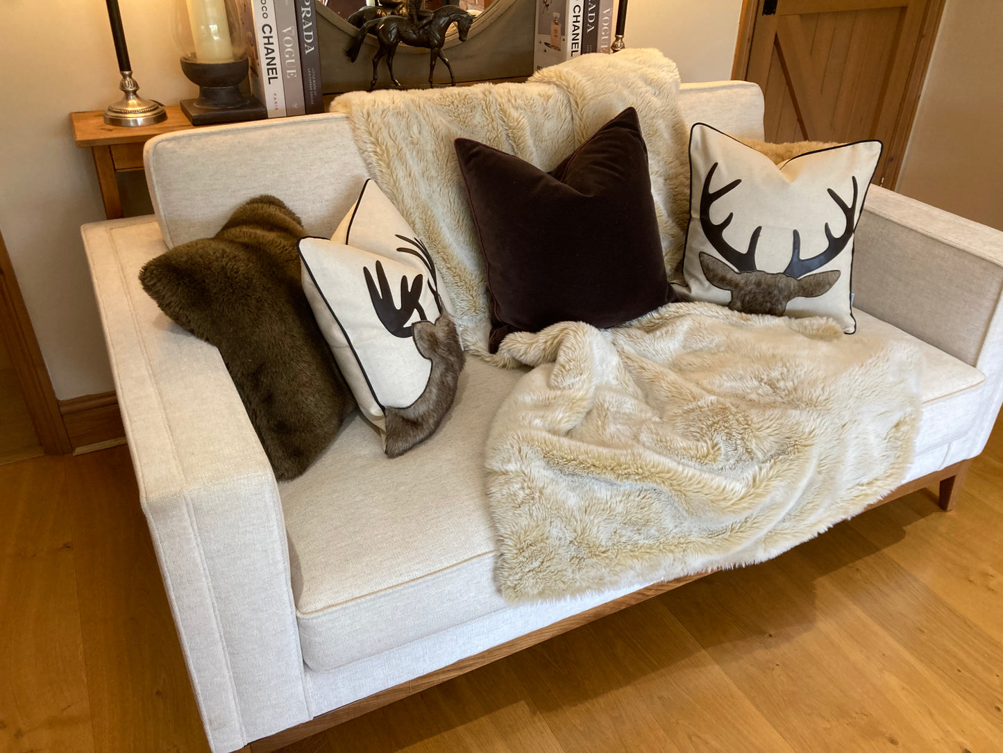 Luxury deer pillow/cushion cover linen embroidered with fleece , next day shipping