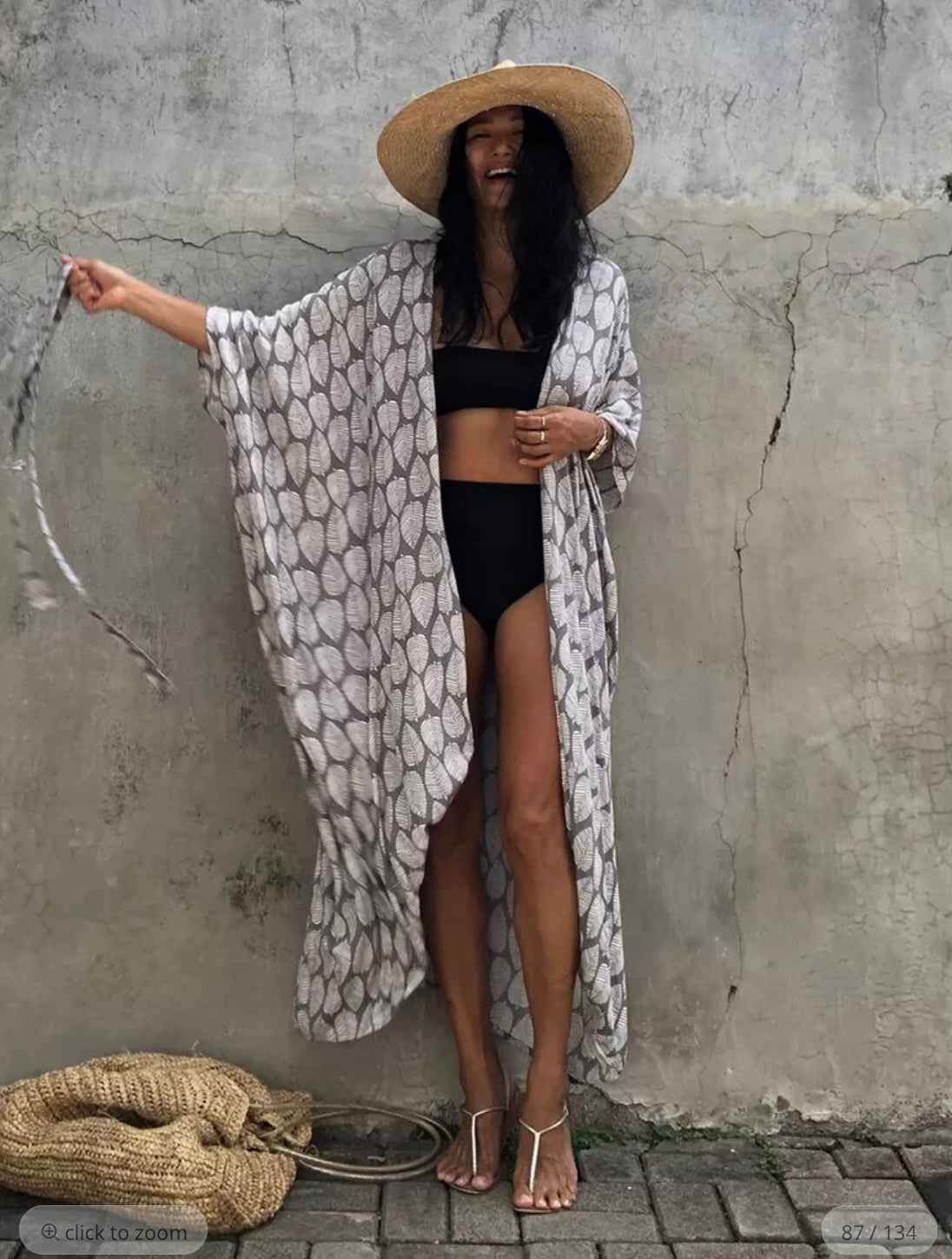 Beach kimono Grey leaf print