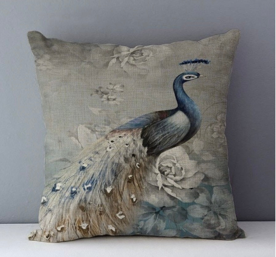 Pretty vintage style ,light grey/blue linen peacock cushion cover