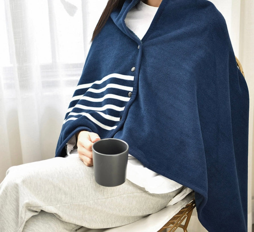 Poncho fleece warm plaid Navy and off white great gift,next day shipping
