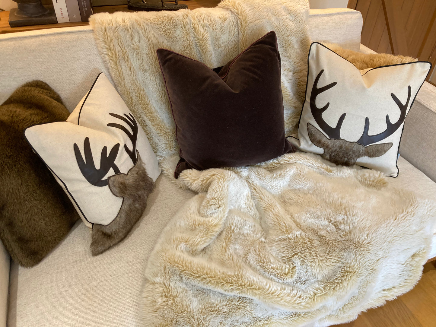 Luxury deer pillow/cushion cover linen embroidered with fleece , next day shipping