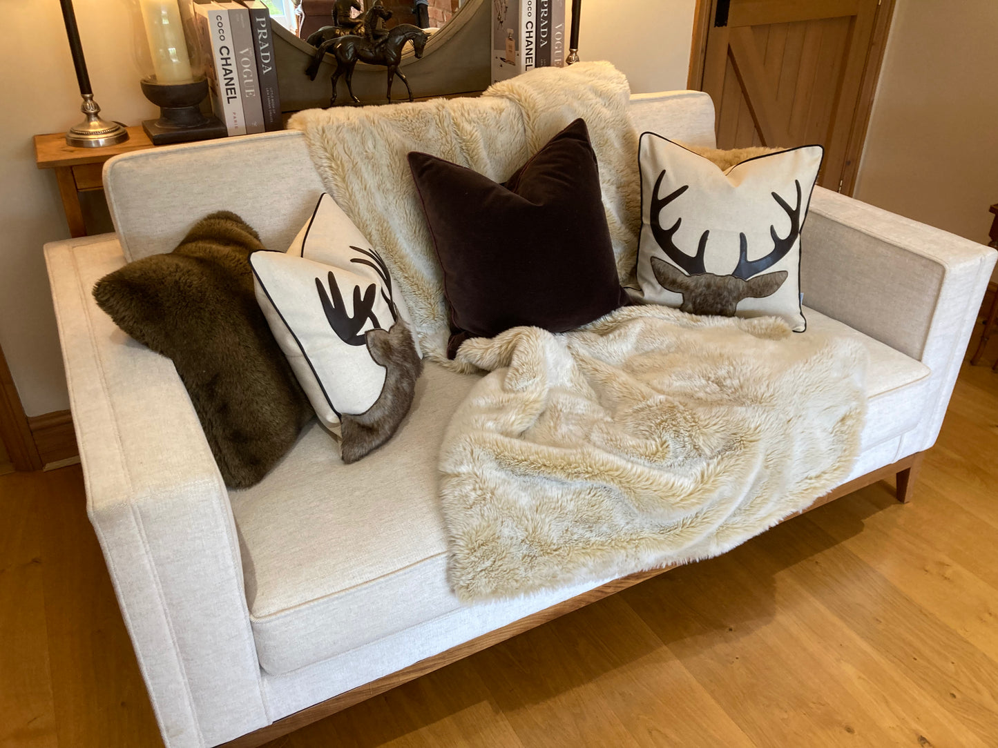 Luxury deer pillow/cushion cover linen embroidered with fleece , next day shipping