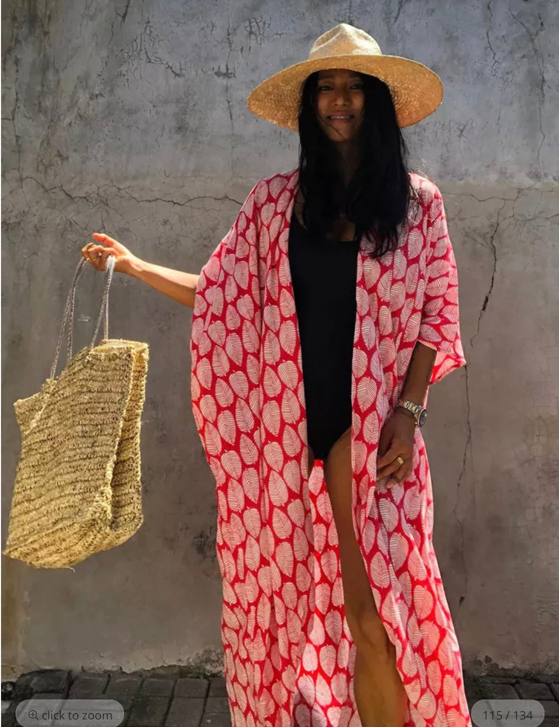 Beach kimono Red leaf print