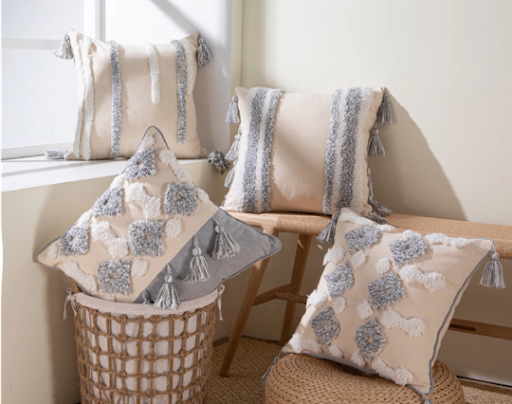 Luxury tassel grey and white boho embroidered pillow/cushion cover 18x18”
