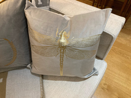 Grey velvet dragonfly cushion cover