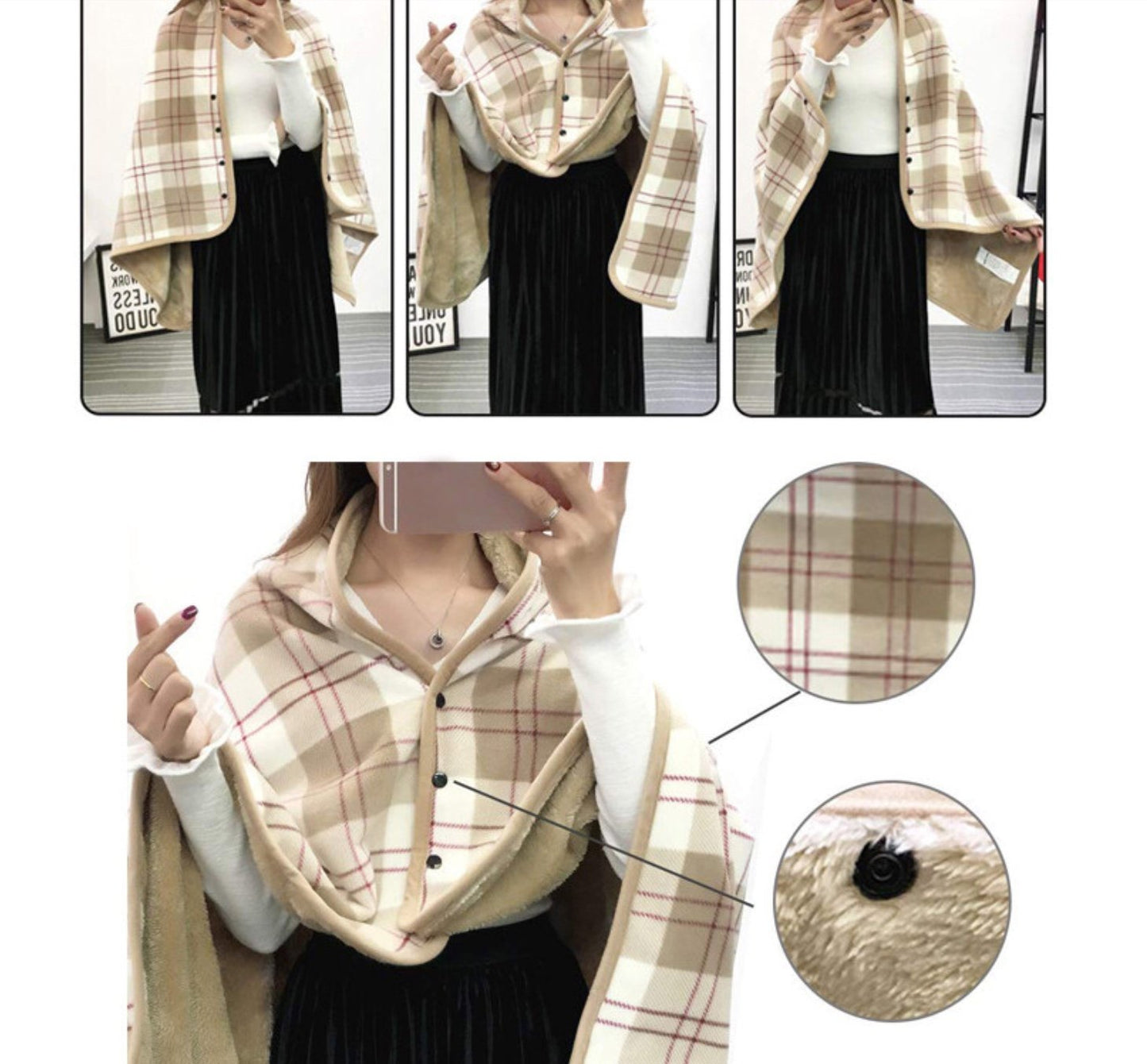 Poncho fleece warm plaid pashmina carmel Color and off white  great gift,next day shipping