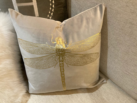 Grey velvet dragonfly cushion cover