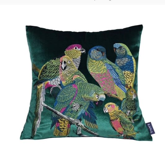 Luxury velvet embroidered birds / parrots cushion / pillow cover
