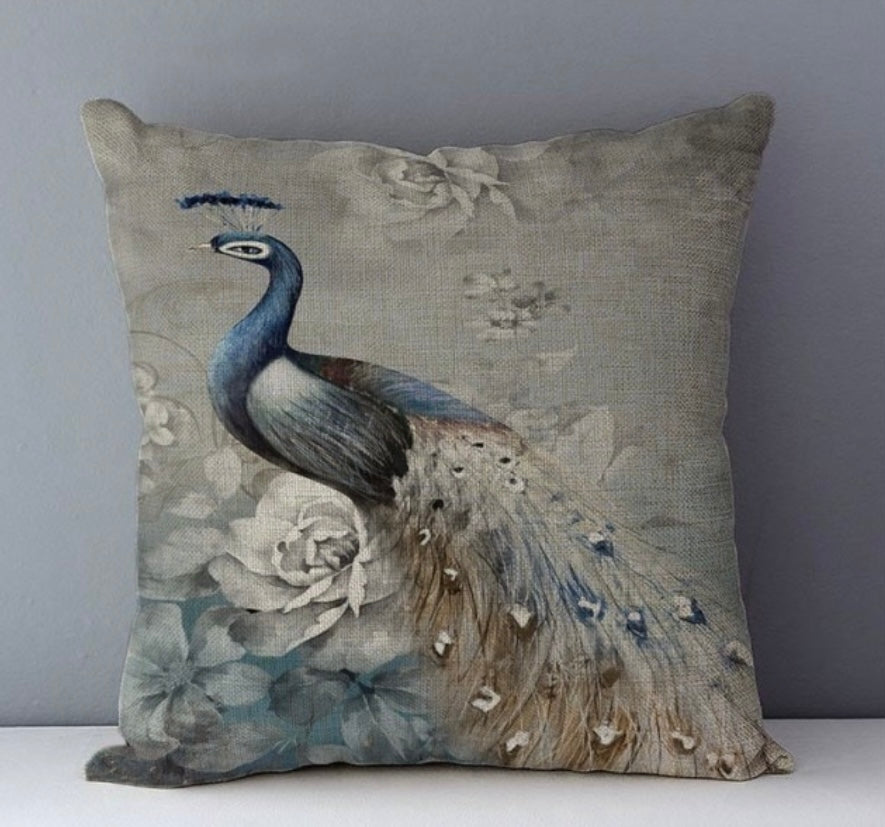 Pretty vintage style ,light grey/blue linen peacock cushion cover