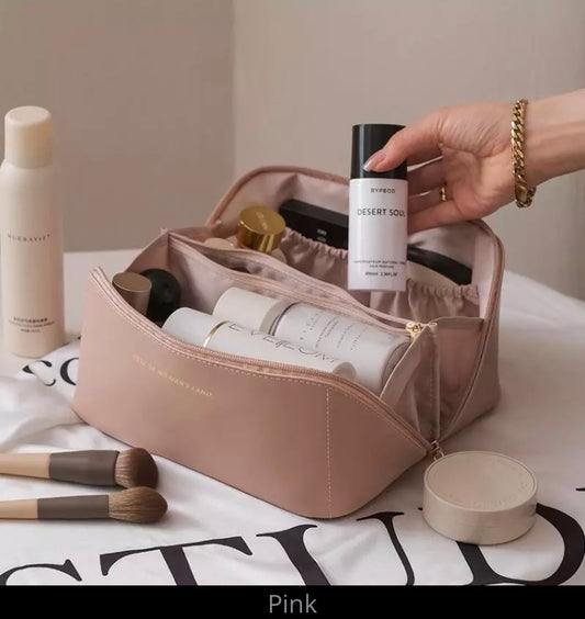 Light pink large travel cosmetic bag P U leather