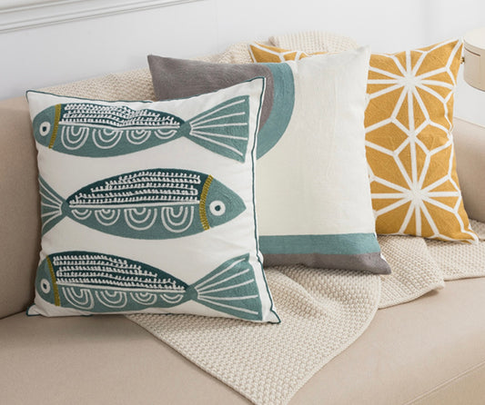 Embroidered fish cushion cover
