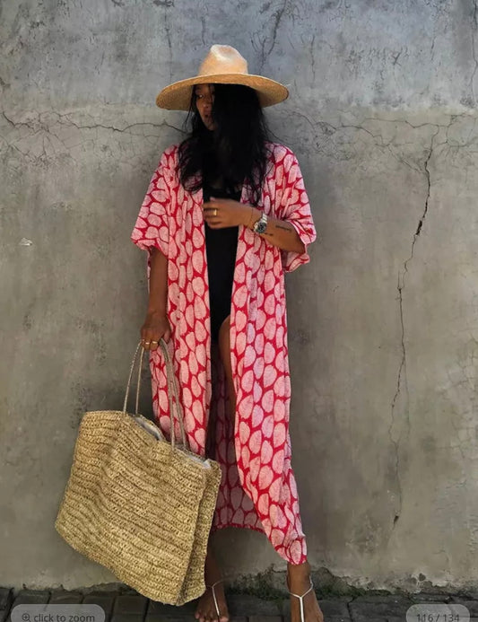 Beach kimono Red leaf print