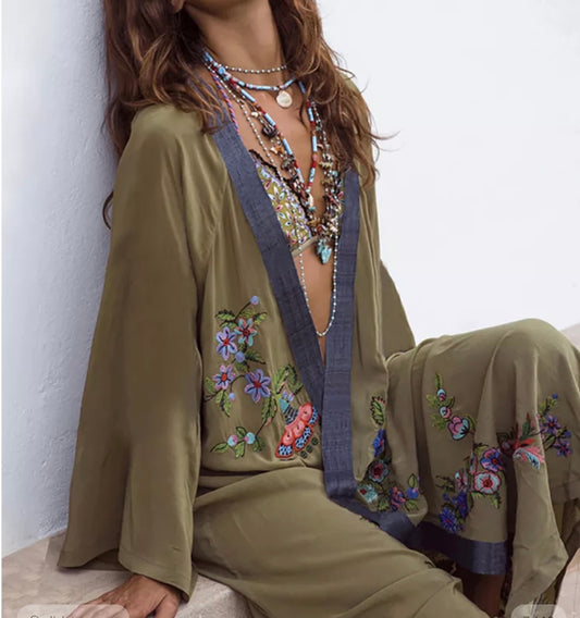 Boho flower embroidered kimono