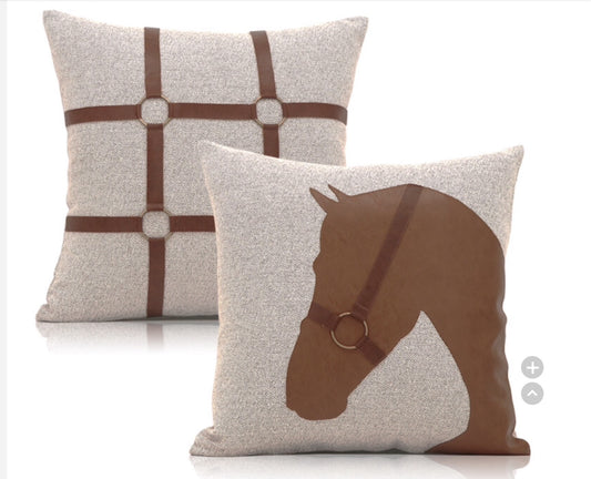 Luxury linen equestrian reins cushion cover 50x50cm PU leather