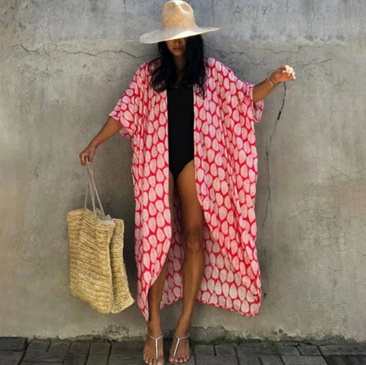 Beach kimono Red leaf print