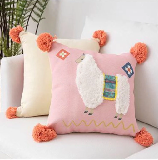 Luxury pink alpaca cushion /pillow cover with Pom Pom